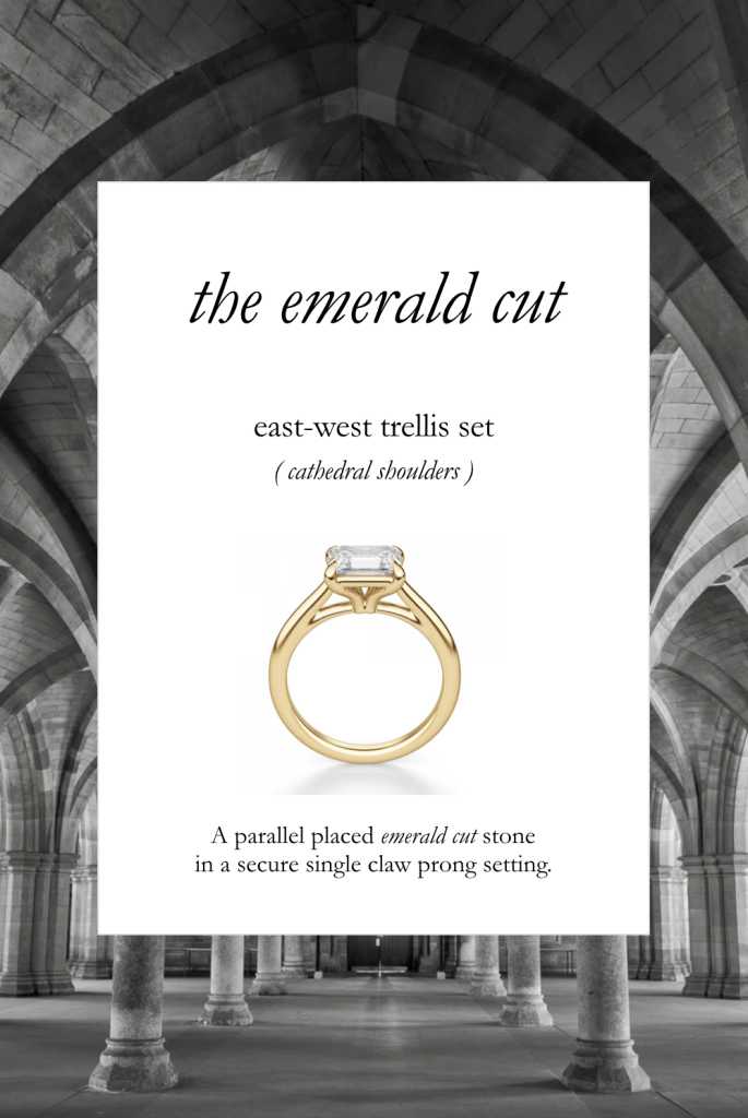 An emerald cut diamond placed in an east-west trellis set with cathedral shoulders.