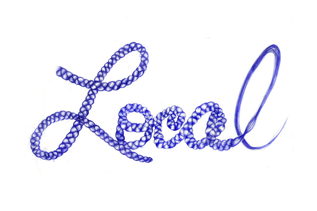 Ink drawing of braided text.