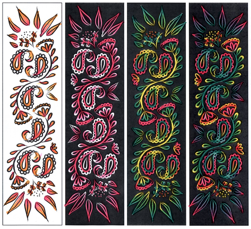 Hand-colored bookmarks for middle school students, illustrated by Christina Rinaldi, visual designer.