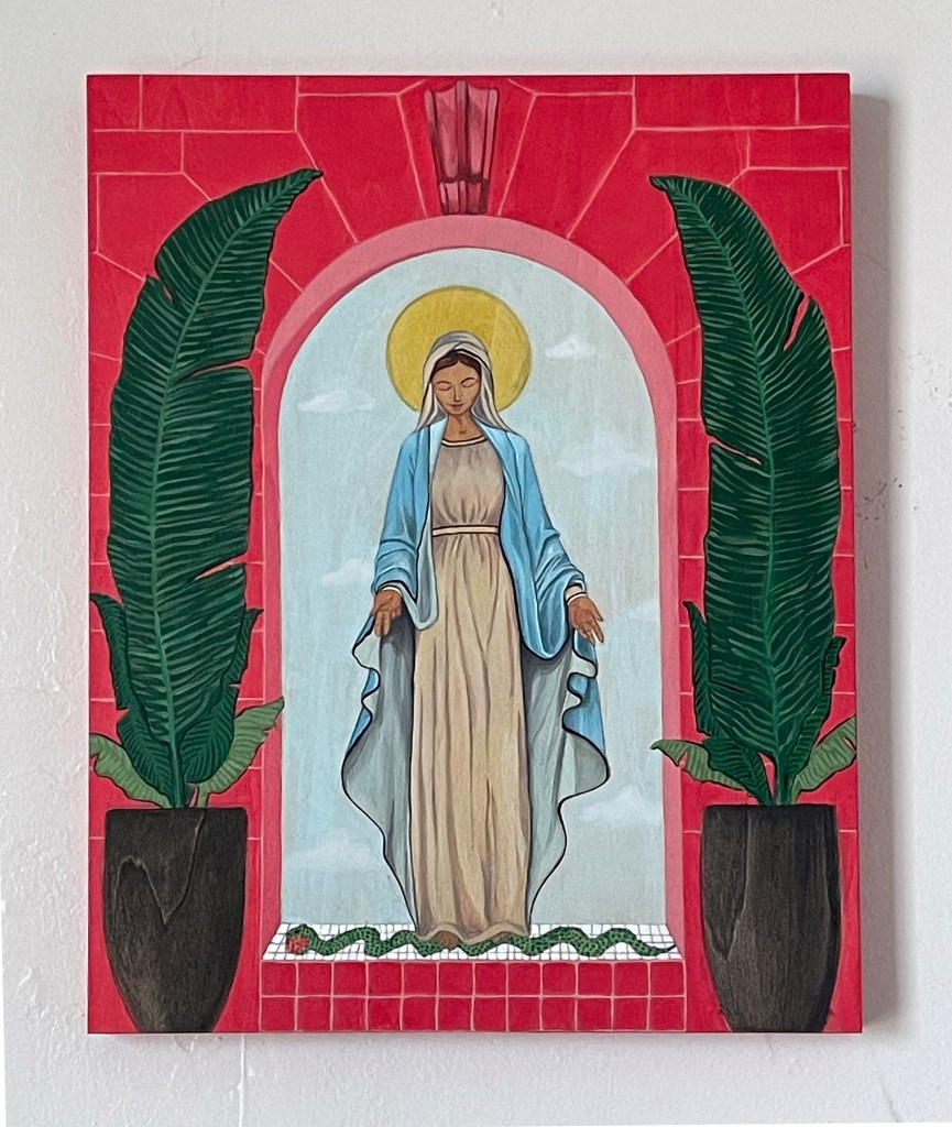 Our Lady of Mount Carmel painting of a statue by Christina Rinaldi, 2024. Acrylic on wood panel.
