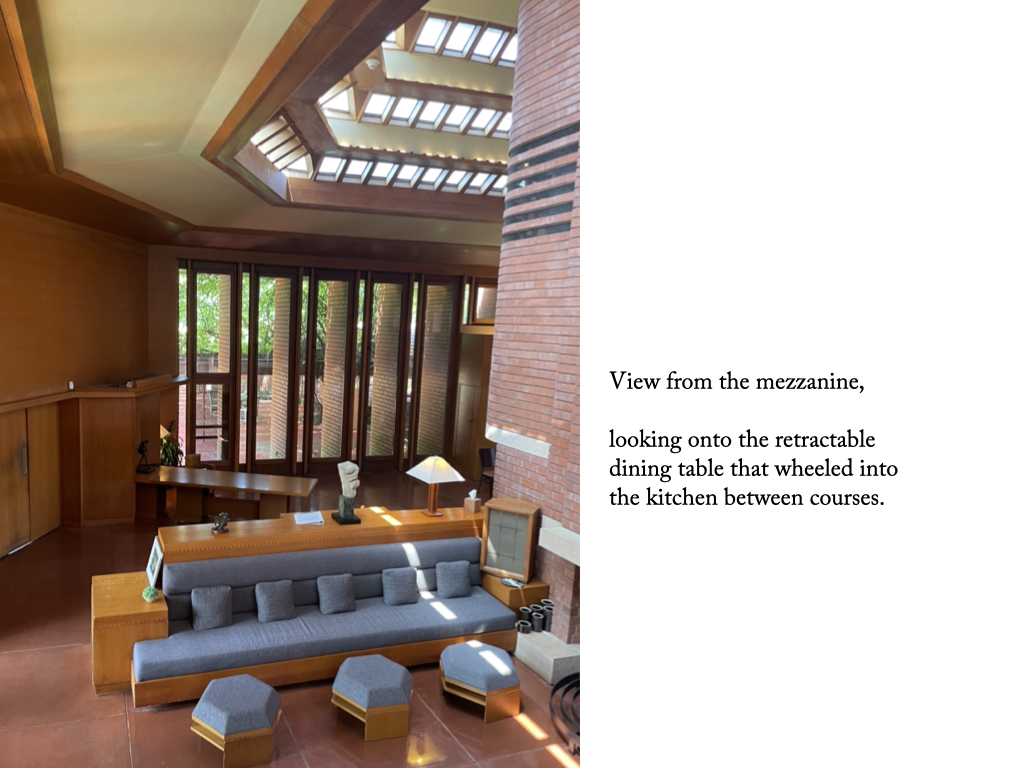 Mr. Wright designed a retractable dinner table that was wheeled into the kitchen between courses, leaving guests to stare at each other across an awkward empty space where the table once was. Behind the dining table are 16-foot high windows that double as doors to the outdoor terrace. Photos taken by Christina Rinaldi, 2024.